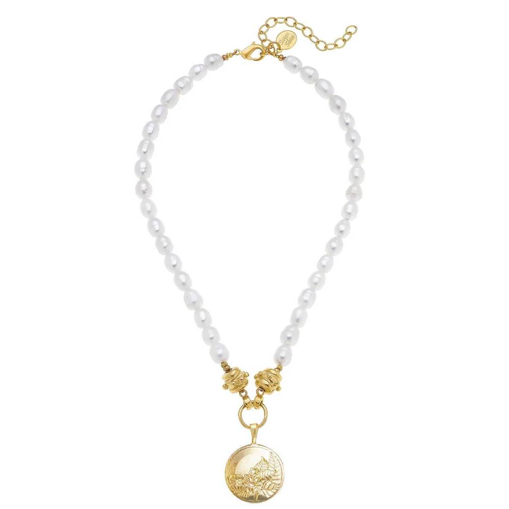 NEW SUSAN SHAW tobacco leaf plate on genuine large freshwater pearl necklace in